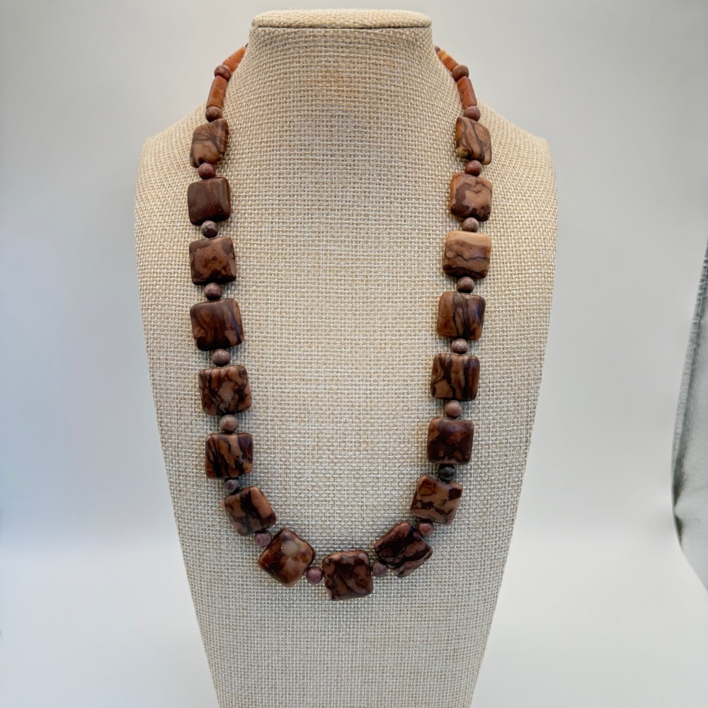 Brown Square‎ Jasper Gemstone Beaded Necklace Women Fashion Jewelry